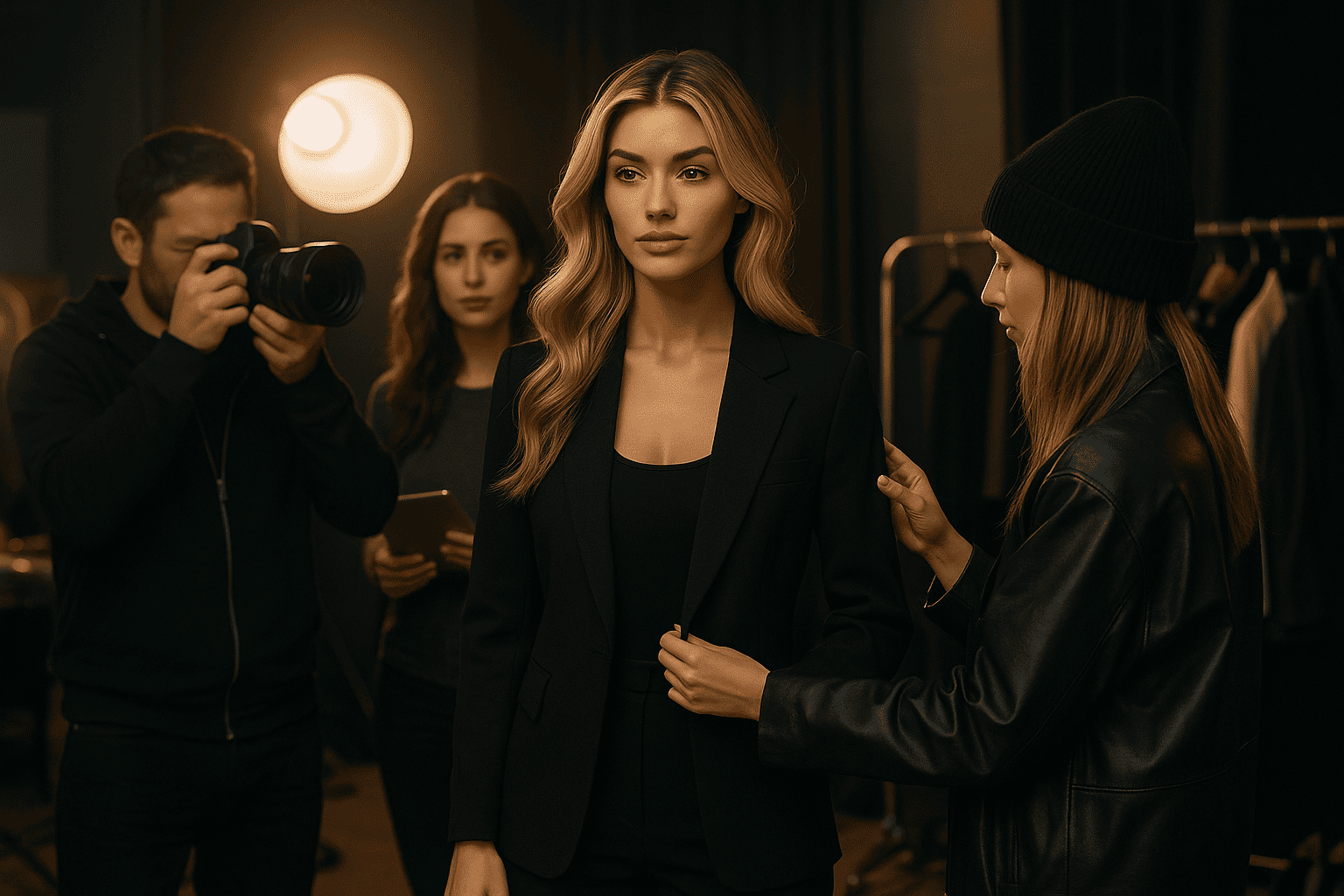 Sasha Shay com fotógrafo, stylist e assistente no backstage